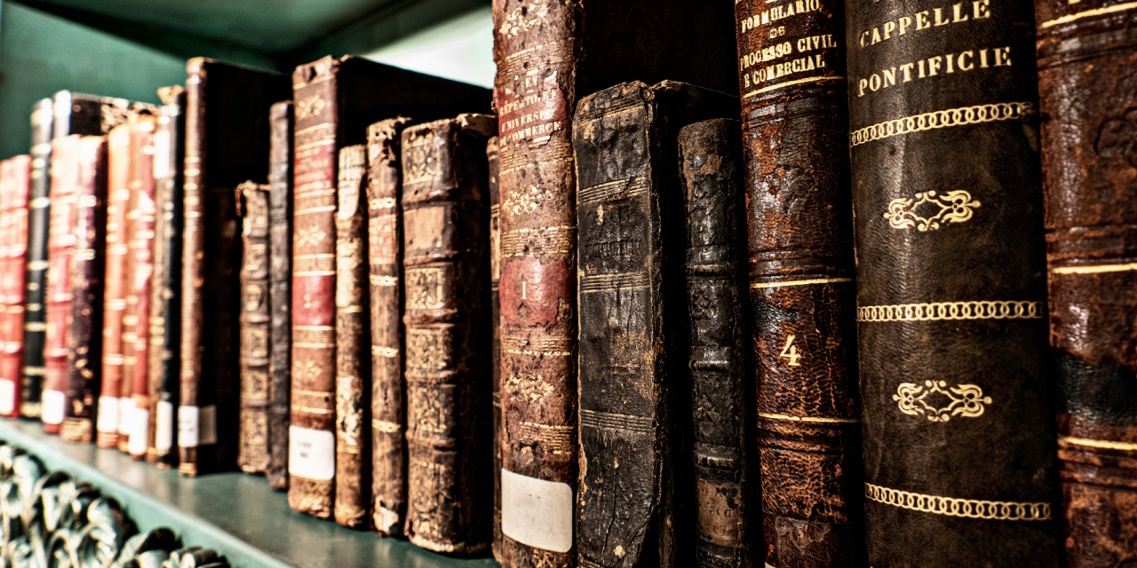 Old books lined up on a shelf.