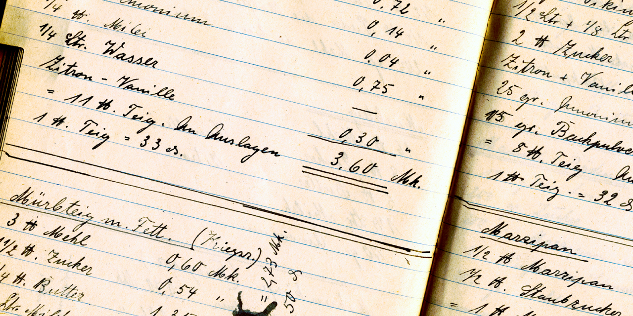 Open ledger book with text and numbers.