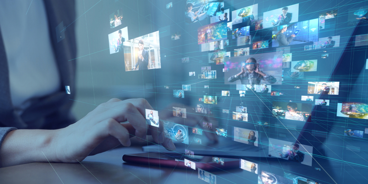 Screen with different types of multi media on it.