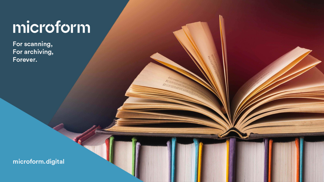 Microform Branding - Open Book on stack of books.